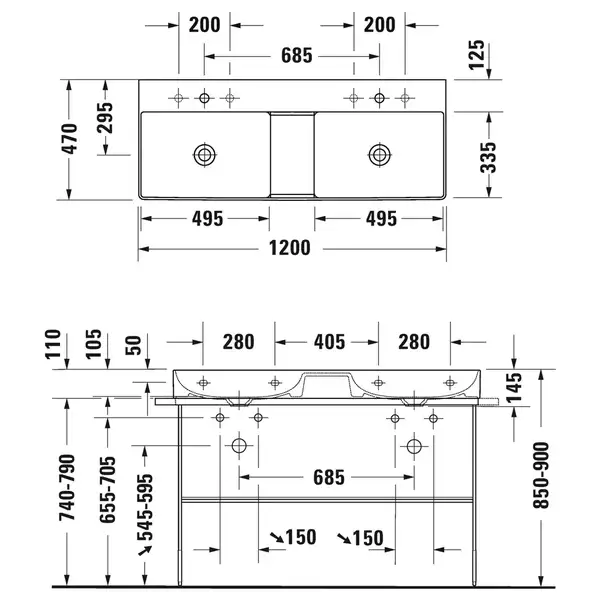 Комплект мебели тумба подвесная с двойной раковиной Duravit XSquare 118,4 х 46 см (XS416402222+23531200141) фото 4 Aquada.com.ua
