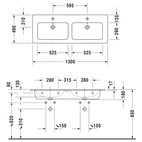 Комплект мебели тумба подвесная с двойной раковиной Duravit XSquare 128 х 47,8 см (XS417504040+2336130000) фото 4 Aquada.com.ua