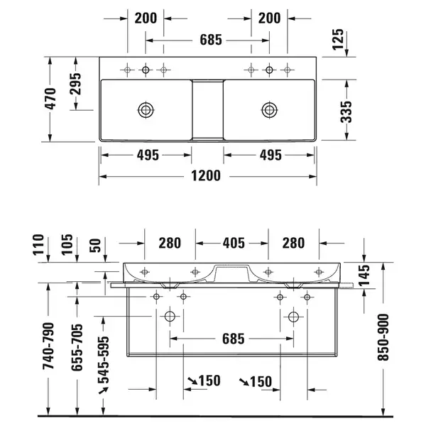 Комплект мебели тумба с двойной раковиной Duravit XSquare 118,4 х 46 см (XS445602222+23531200141) фото 5 Aquada.com.ua