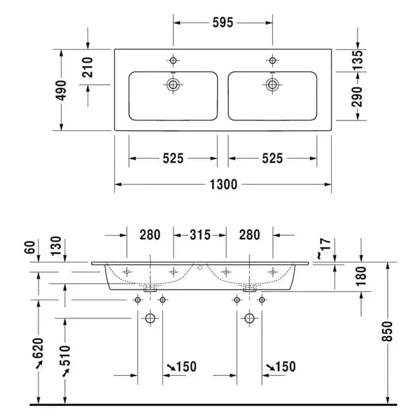Комплект мебели тумба подвесная с двойной раковиной Duravit XViu 128 х 48 см, белый глянцевый (XV41290B122+2336130000) фото 4 Aquada.com.ua
