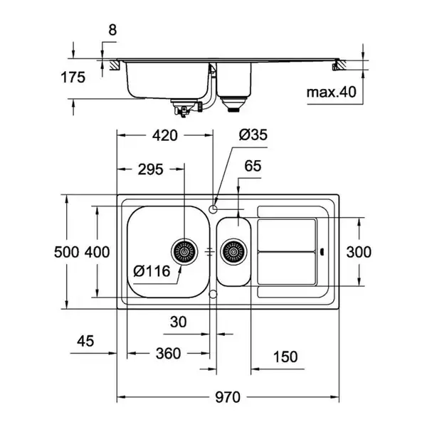 GROHE Комплект Мийка для кухні 860 x 500 мм з ексцентриком, 1 чаша + Eurosmart Змішувач одноважільний для (31565SD0) фото 2 Aquada.com.ua GROHE Комплект Мийка для кухні 860 x 500 мм з ексцентриком, 1 чаша + Eurosmart Змішувач одноважільний для (31565SD0) фото 2 Aquada.com.ua