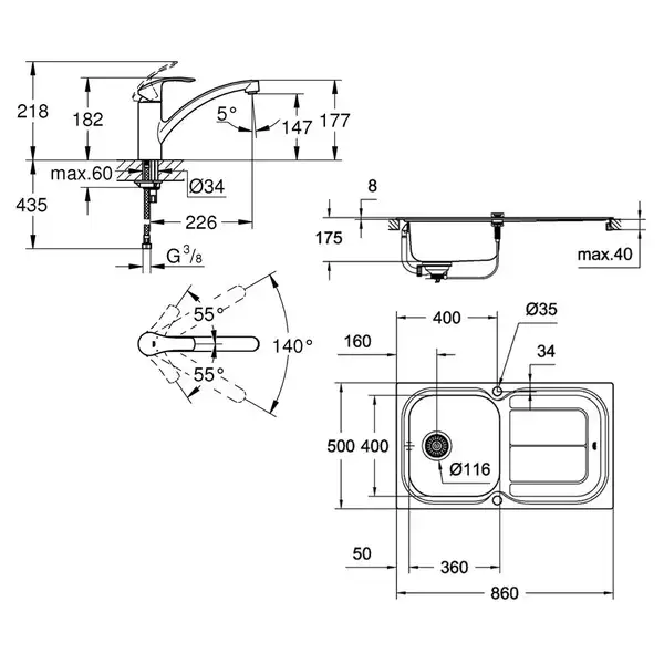 GROHE Комплект Мийка для кухні 860 x 500 мм з ексцентриком, 1 чаша + Eurosmart Змішувач одноважільний для (31565SD0) GROHE Комплект Мийка для кухні 860 x 500 мм з ексцентриком, 1 чаша + Eurosmart Змішувач одноважільний для (31565SD0)