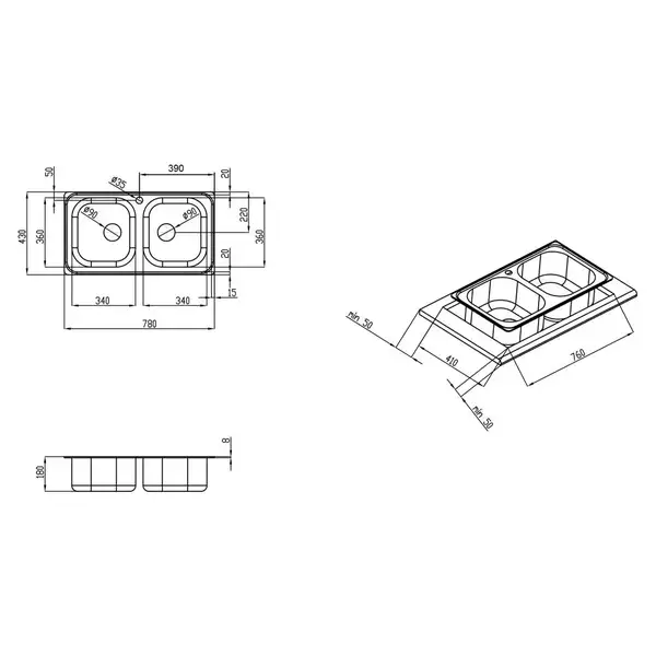 Кухонна мийка Qtap 7843-B Micro Decor 0,8 мм (QT7843BMICDEC08) (QT7843BMICDEC08) фото 2 Aquada.com.ua