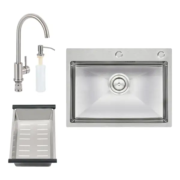 Набір 4 в 1 Qtap кухонна мийка D6045 Satin + змішувач + сушарка + дозатор для миючого засобу (QTD6045SET) фото 1 Aquada.com.ua