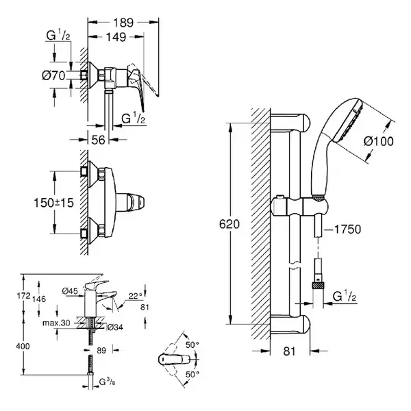 Grohe Комплект смесителей BauFlow 3 в 1 для душа (121630S) (121630S) фото 2 Aquada.com.ua