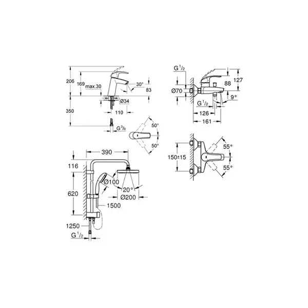 Grohe Набор смесителей для ванны с душевой системой Eurosmart (12324TS) (12324TS) фото 2 Aquada.com.ua