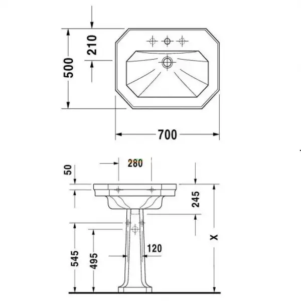 Подвесной умывальник Duravit 1930, 1 отверстие под смеситель (0438700000) фото 4 Aquada.com.ua
