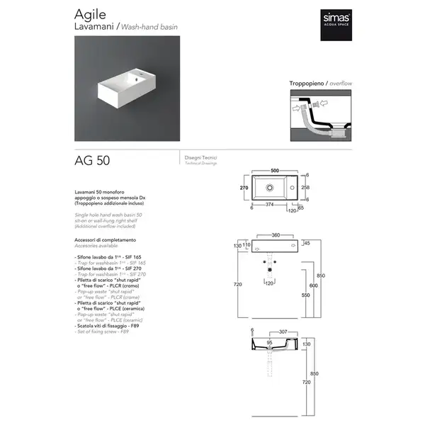 Simas Agile Раковина 50x27 см, білий глянець (AG50)