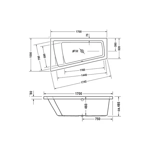 Ванна акриловая Duravit Paiova 170 х 100 см, угол справа (700213000000000) фото 5 Aquada.com.ua