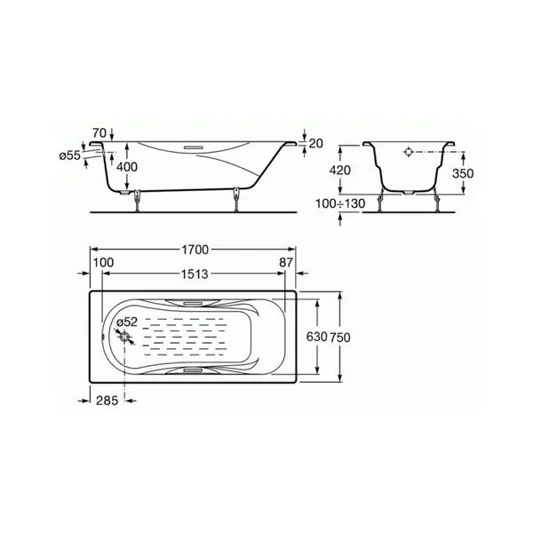 ROCA MALIBU ванна 170*75см, с ручками + сифон Viega Simplex  для ванны автомат 560мм (285357) (A23097000R+285357) фото 2 Aquada.com.ua