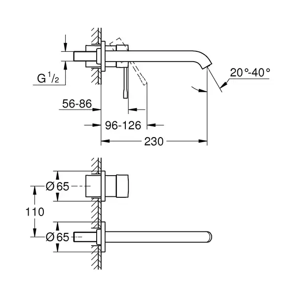 Смеситель для раковины настенный Grohe Essence L-Size (цвет - тёмный графит, матовый), вынос 230 мм (19967AL1) фото 2 Aquada.com.ua