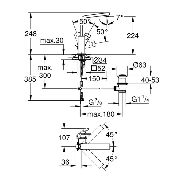 Смеситель для раковины Grohe Eurocube L-Size (цвет - тёмный графит, матовый), с донным клапаном (23135AL0) фото 4 Aquada.com.ua