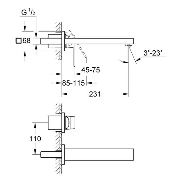 Смеситель для раковины настенный Grohe Eurocube M-Size (цвет - тёмный графит, матовый), вынос 231 мм (23447AL0) фото 4 Aquada.com.ua