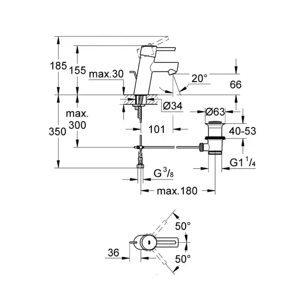 Смеситель однорычажный для раковины Grohe Concetto DN 15 S-Size (цвет - хром) с донным клапаном (3220410E) фото 3 Aquada.com.ua