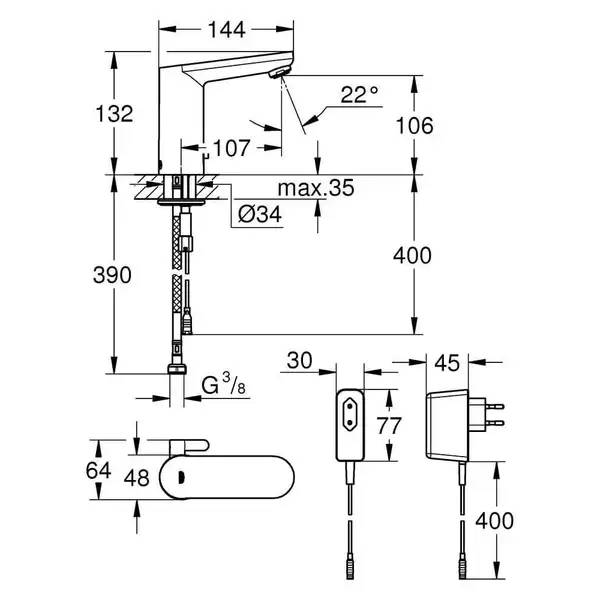 Grohe Змішувач для умивальника Eurosmart Cosmopolitan E з адаптером 100-230V, хром (36325001)