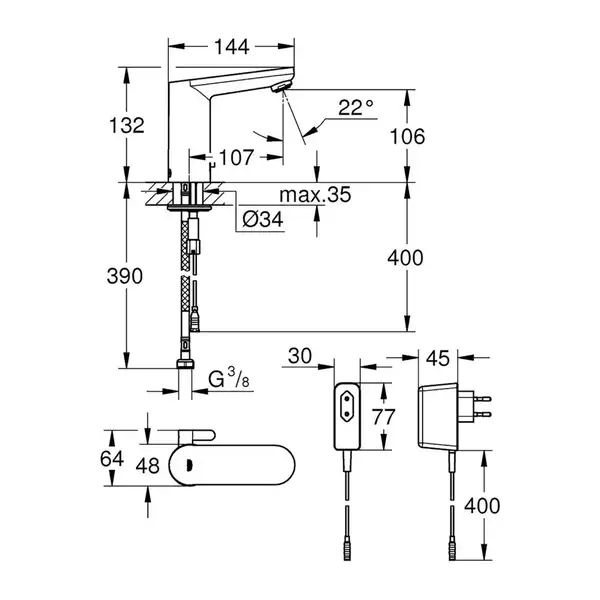 Grohe Змішувач для умивальника Eurosmart Cosmopolitan E з адаптером 100-230V, хром (36325001)