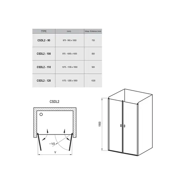Душові двері двохелементні CSDL2-90 Transparent, (0QV7CC0LZ1) RAVAK