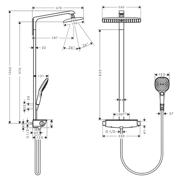 Душевая система с термостатом Hansgrohe Raindance E Showerpipe 360 1jet EcoSmart 9 л/мин (цвет - хром) 27286000HG
