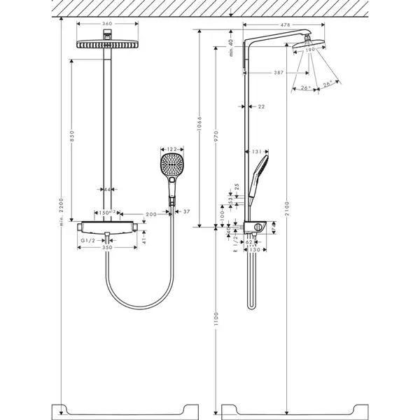 Душевая система с термостатом Hansgrohe Raindance E Showerpipe 360 1jet EcoSmart 9 л/мин (цвет - хром/белый) 27286400