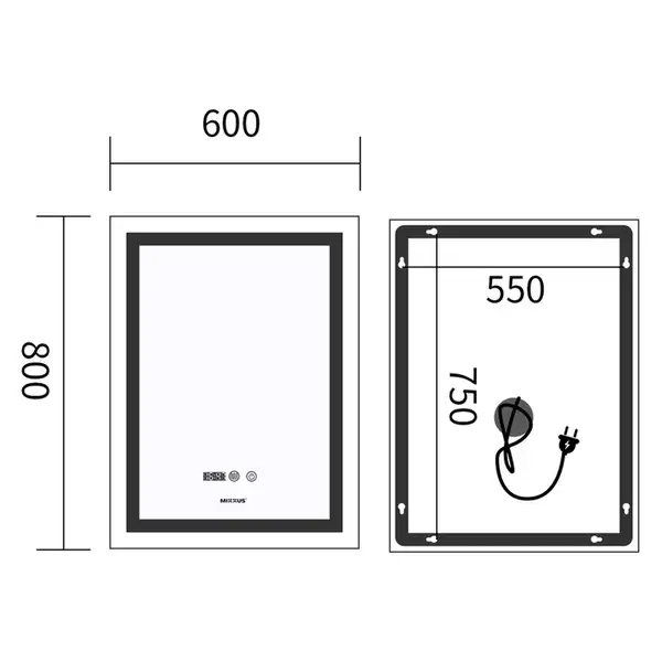 Дзеркало Mixxus Premium FLASH MR21-60x80 з Led Touch, Anti-fog, димером, регулятором яскравості, го (MP6617)