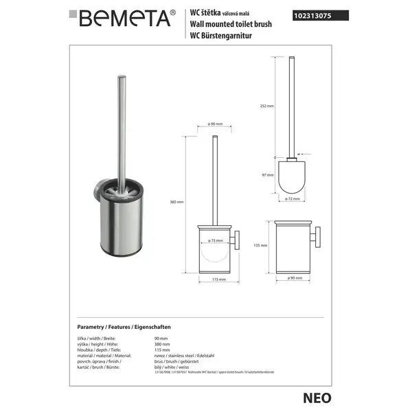 102313075 NEO: Щітка WC(біла) з тримачем,хром Bemeta Чехія (102313075)