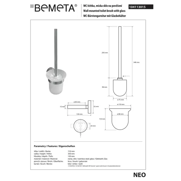 104113015 NEO: Щітка WC, підвісна (скло), біла щітка Bemeta Чехія (104113015)