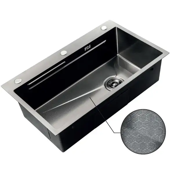Мийка Zerix ZH7545-SET-05 DECOR NANO-BLACK (3.0/0.8) з нерж. сталі, комплект (графіт) (ZM5582)