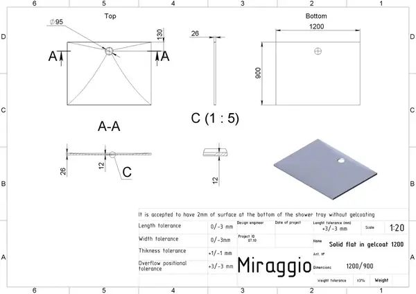 MIRAGGIO Душевой поддон BRUGGE 1200 из кварцевого песка (БП000002226)