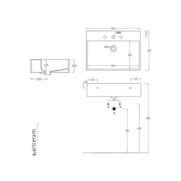 Умивальник підвісний Artceram QUADRO 65х48 (QUL003 01; 00) Умивальник підвісний Artceram QUADRO 65х48 (QUL003 01; 00)