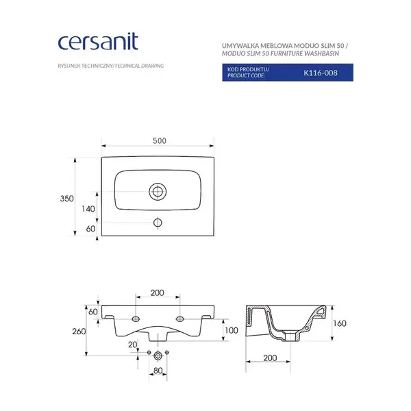 Умивальник меблевий Moduo Slim 50 Cersanit (CCWF1007752074)