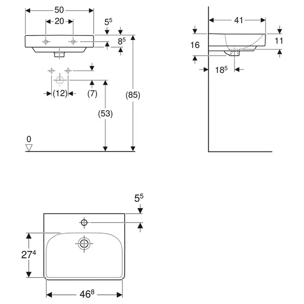 Маленькая (мини) раковина Geberit Smyle Square 50 х 41 х h16 см (500.256.01.1) фото 3 Aquada.com.ua