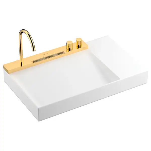 Раковина Hansgrohe Avalegra AquaUnit 78 х 47,5 х 10 см, без переливу, з функцією QuickClean+, із змішувачем, Polished Gold Optic 22473990 Раковина Hansgrohe Avalegra AquaUnit 78 х 47,5 х 10 см, без переливу, з функцією QuickClean+, із змішувачем, Polished Gold Optic 22473990