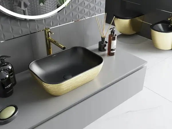 Умывальник (раковина) MEXEN RITA BLACK MATT / BRUSHED GOLD накладной (MEX-21084577)