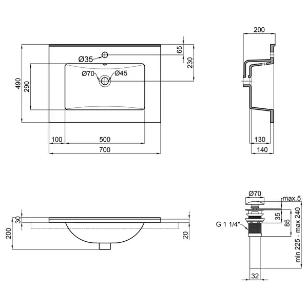 Раковина Qtap Albatross E49 700х490х200 White с донным клапаном QT01119070E49W