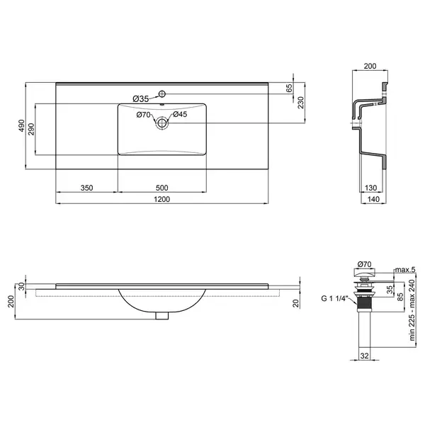 Раковина Qtap Albatross E49 1200х490х200 White с донным клапаном QT01119120E49W