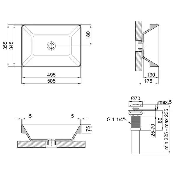 Раковина Qtap Crow 500x350x180 White с донным клапаном QT0511L582W