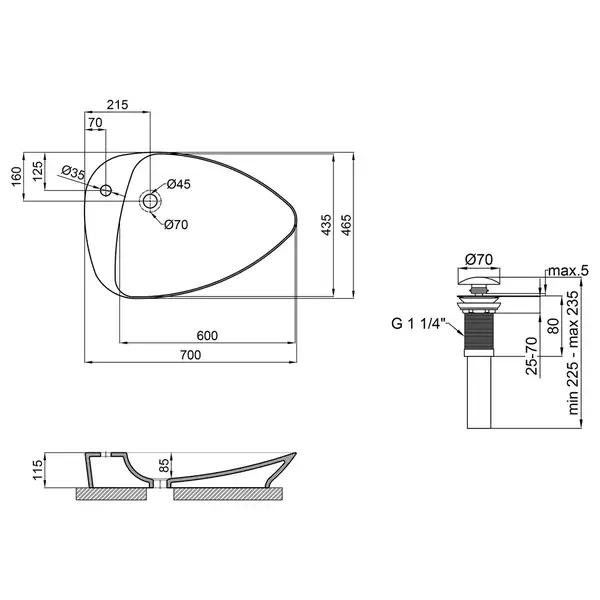 Раковина-чаша Qtap Leo 695х460х115 Matt black с донным клапаном QT1111A089TMB