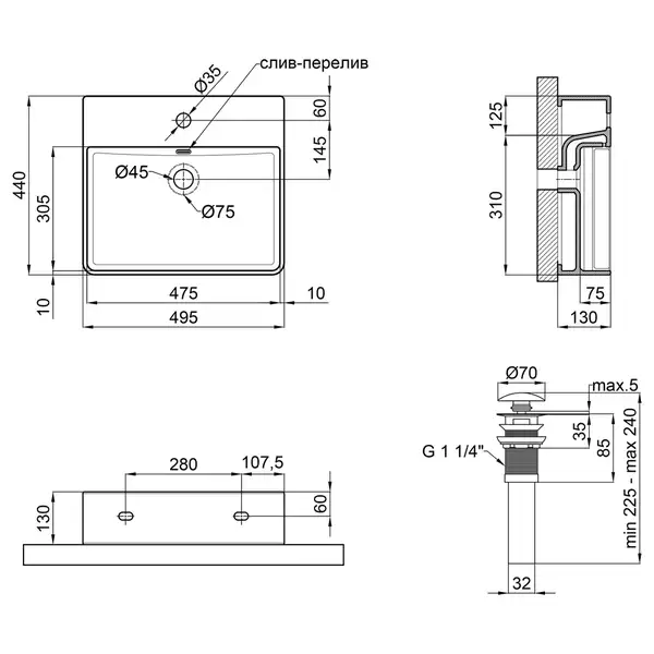 Раковина Qtap Nando LT 500х420х120 Matt black с донным клапаном QT12112173SMBMB