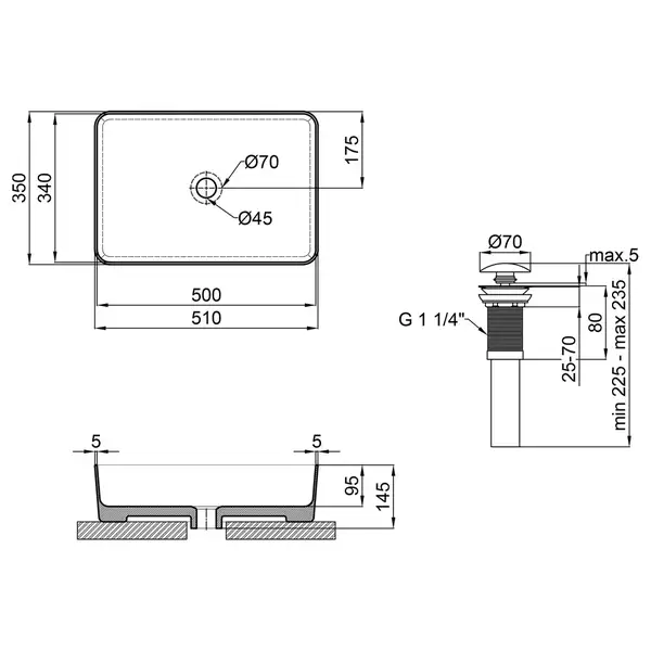 Раковина-чаша Qtap Tern 500х350х145 Matt black с донным клапаном QT1711A055MB
