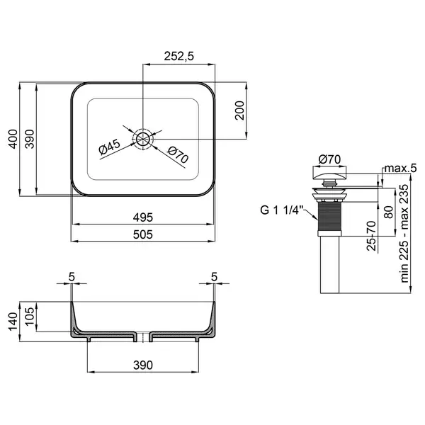Раковина-чаша Qtap Tern 500x390x140 Matt black с донным клапаном QT172195MBMB