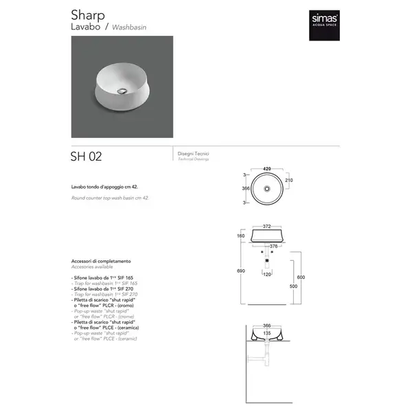 Умивальник SH02 Sharp 42см, круглий, blak matt  SIMAS  ІТАЛІЯ (SH02 blak matt)