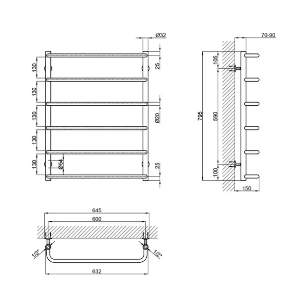 Полотенцесушитель водяной Lidz Standard (CRM) D32/20х1/2" 600x800 P6 (LSTNDD32201260806WAT)