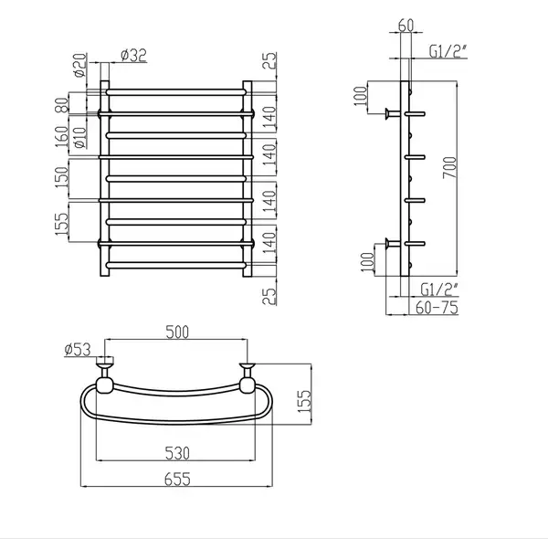 Полотенцесушитель водяной Lidz Standard (CRM) РЛС D32/20х1/2" 500x700 P5 (LSTNDRLSD32201250705WAT)