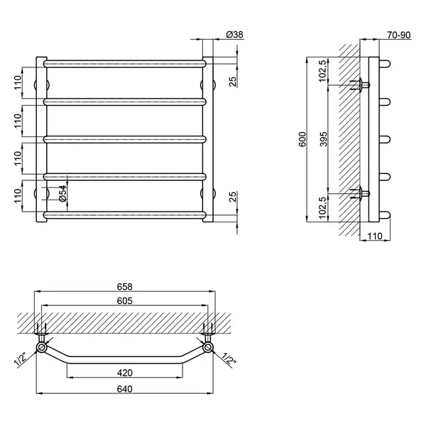 Полотенцесушитель водяной Lidz Trapezium (CRM) D38/25 600x600 P5 (LTRPZD382560605WAT)