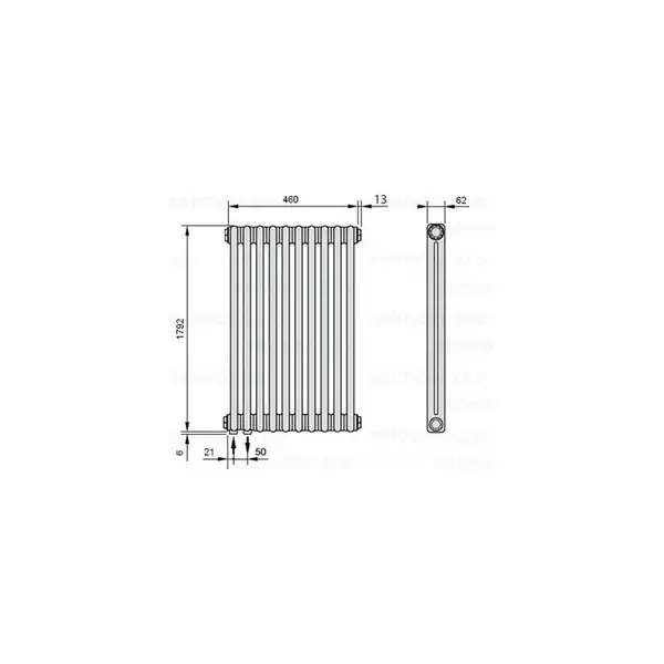 Радіатор трубчатий Zehnder Charleston 2180-10 H=1792 мм; L=460 мм (486мм); T=62 мм + (35мм) (5410) 1240Вт, Traffic Black (2180-10 RAL9217 5410)