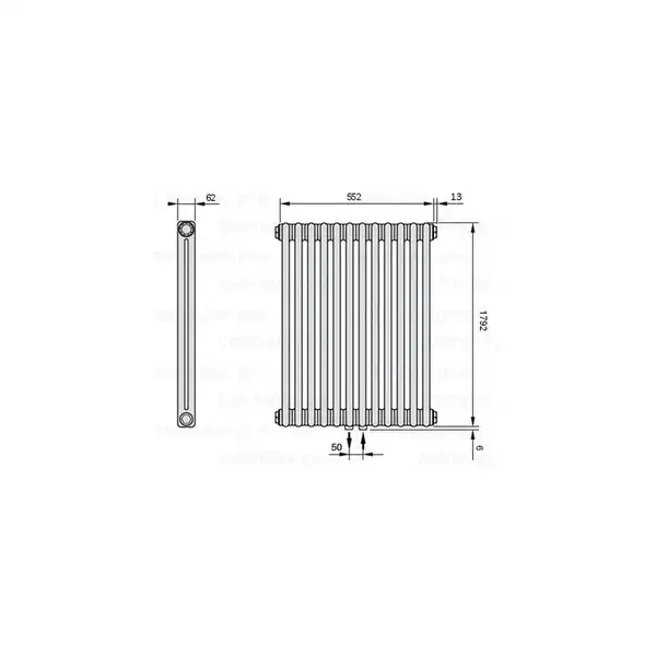 Радіатор трубчатий Zehnder Charleston 2180-12 H=1792 мм; L=552 мм (578мм); T=62 мм + (35мм) (5410) 1488Вт, Traffic White (2180-12 RAL9016 5410)
