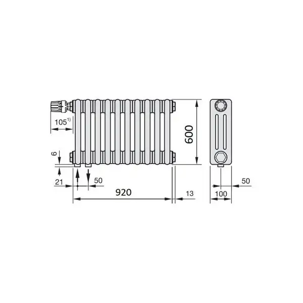 Радіатор трубчатий Zehnder Charleston 3060-20 H=600 мм; L=920 мм (966мм); T=100 мм + (35мм) (5510) 1218 Вт, Traffic White (3060-20 RAL 9016 5510)