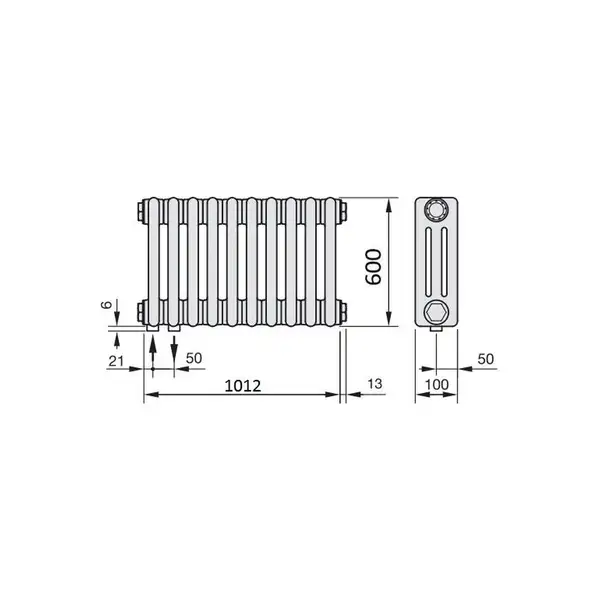 Радіатор трубчатий Zehnder Charleston 3060-22 H=600 мм; L=1012 мм (1038мм); T=100 мм + (35мм) (5510)1340 Вт, Traffic White (3060-22 RAL 9016 5510)
