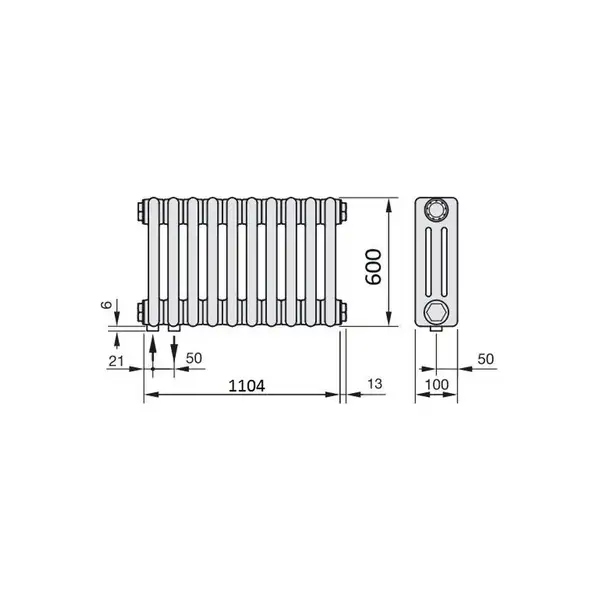Радіатор трубчатий Zehnder Charleston 3060-24 H=600 мм; L=1104 мм (1130мм); T=100 мм + (35мм) (5510) 1462 Вт,Traffic White (3060-24 RAL 9016 5510)