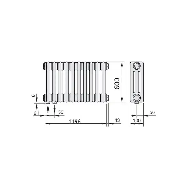 Радіатор трубчатий Zehnder Charleston 3060-26 H=600 мм; L=1196 мм (1222мм); T=100 мм + (35мм) (5510) 1584 Вт, Traffic White (3060-26 RAL 9016 5510)